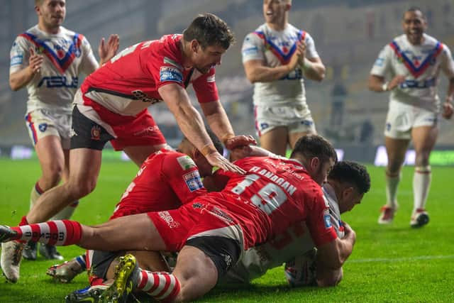 Kelepi Tanginoa proves too strong for the Salford defence. Picture by Bruce Rollinson.