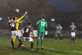 Jordan Richards' 91st-minute shot flies into the net to earn Farsley Celtic a 1-0 victory over Gateshead yesterday. Picture: Steve Riding.