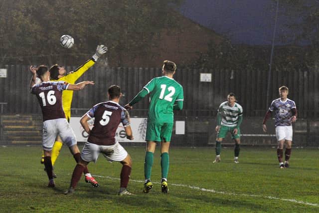 Jordan Richards' 91st-minute shot flies into the net to earn Farsley Celtic a 1-0 victory over Gateshead yesterday. Picture: Steve Riding.