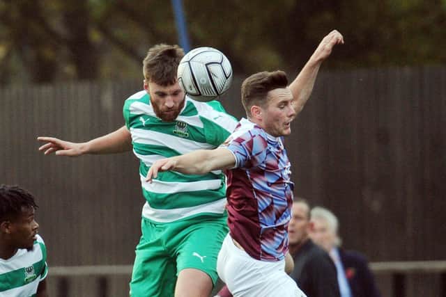 Tom Allan of Farsley Celtic beats Macauley Langstaff to the ball. Picture: Steve Riding.