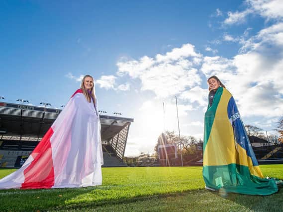 England's Jodie Cunningham and Francesca Bunting, who hopes to represent Brazil, at Emerald Headingley where the women's World Cup will begin.