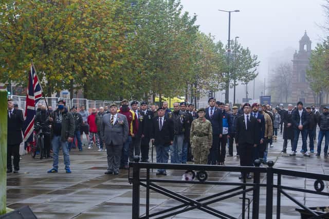An informal parade at Leeds cenotaph in Victoria Gardens marks the annual Remembrance Service which was cancelled due to the coronavirus pandemic. Picture Tony Johnson