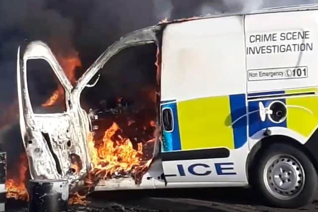 A police van was set on fire in Halton Moor in September 2019 (pictured) and this weekend saw violent behaviour on the same estate