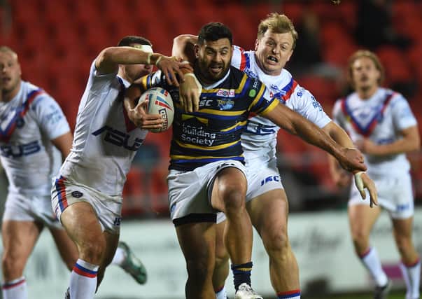 Leeds Rhinos' Rhyse Martin on the charge against Wakefield Trinity. Picture: Jonathan Gawthorpe.