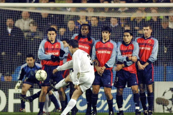 Ian Harte hits a free kick to score against Deportivo La Coruna during the Champions League quarter-final first leg clash at Elland Road in April 2001. PIC: Getty