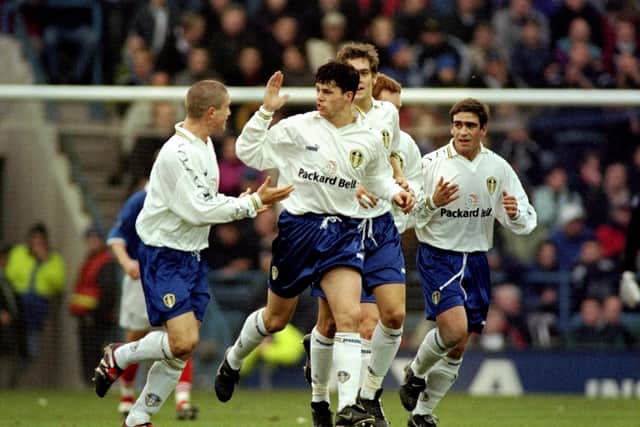 Ian Harte celebrates with his team-mates after scoring against Portsmouth during the FA Cup fourth round clash at Fratton Park in January 1999. Leeds won 5-1.