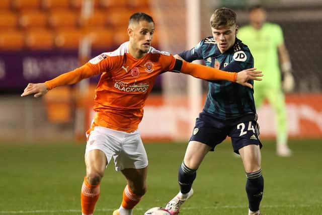 Leeds United defender Leif Davis in action at Blackpool. (Getty)