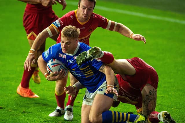 Alex Sutcliffe goes close to scoring for Rhinos against Catalans in September. Picture by Bruce Rollinson.