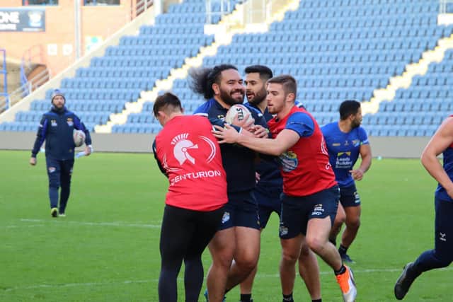 Konrad Hurrell, pictured at trianing on Thursday, is back in contention for the clash with Catalans. Picture by Varley Picture Agency.