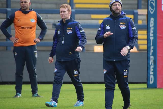 With Richard Agar isolating, left to right, Chev Walker, James Webster and Sean Long supervised Rhinos training at Headingley on Thursday. Picture by Varley Picture Agency.