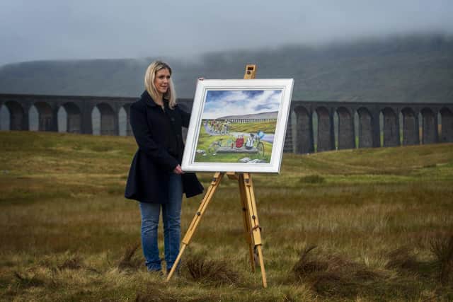 Tour de Yorkshire artist Claire Baxter shows her work at Ribblehead in the Yorkshire Dales. Picture: Tony Johnson.