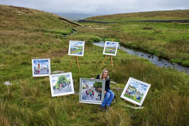 Ms Baxter's paintings six paintings are of Barnsley, Beverley, Sandsend, Shibden Wall in Halifax, the Ribblehead Viaduct and the Cow and Calf in Ilkley. Picture: Tony Johnson.