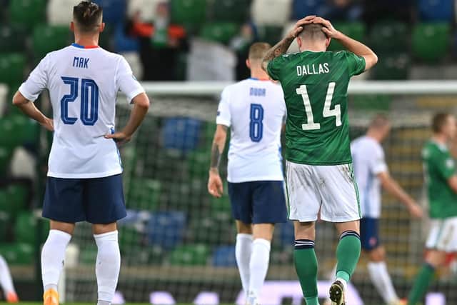 Leeds United winger Stuart Dallas reacts during Northern Ireland's play-off loss. (Getty)