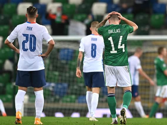 Leeds United winger Stuart Dallas reacts during Northern Ireland's play-off loss. (Getty)