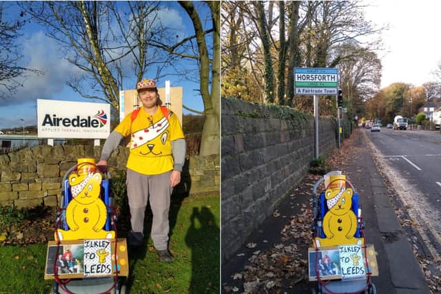 Stephen Wakefield completing his 23rd annual 'pram push' from Ilkley to Leeds and back