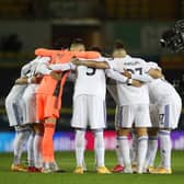 Leeds United's players huddle ahead of kick-off at Elland Road. (Getty)