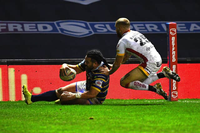 No stopping him: 
Rhinos' Konrad Hurrell races in to score  his side's third try.

Picture: Jonathan Gawthorpe