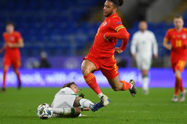OFF: Republic of Ireland midfielder Jeff Hendrick catches Leeds United's Wales forward Tyler Roberts as the last man and is given his marching orders. Photo by Stu Forster/Getty Images.