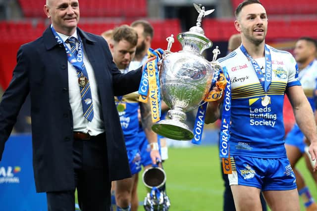 Rhinos coach Richard Agar and captain Luke Gale with the Coral Challenge Cup. Picture by Michael Steele/Getty Images.