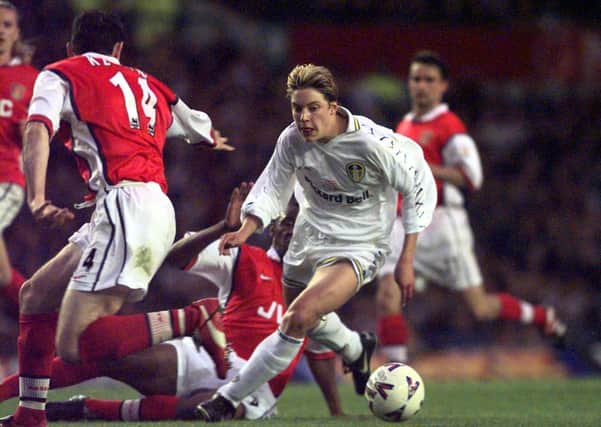 Alan Smith takes control as the Arsenal defence fall back in 1999 (Picture: Bruce Rollinson)