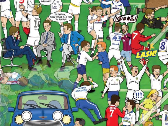 Illustrator Alex Bennett's Leeds United 'mishmash' graphic up close.