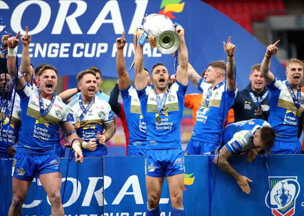 Luke Gale leads Leeds Rhinos' Challenge Cup final celebrations. Picture: Michael Steele/Getty Images.