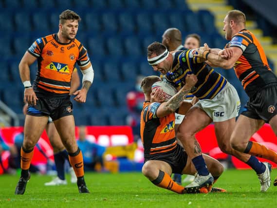 Bodene Thompson on the charge for Rhinos against Castleford. Picture by Bruce Rollinson.