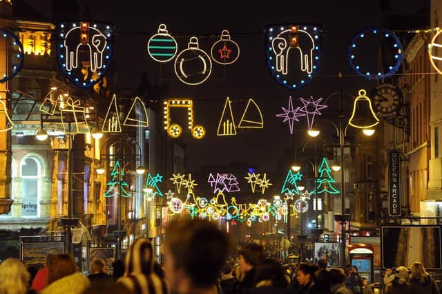 Christmas lights lit up in Leeds
