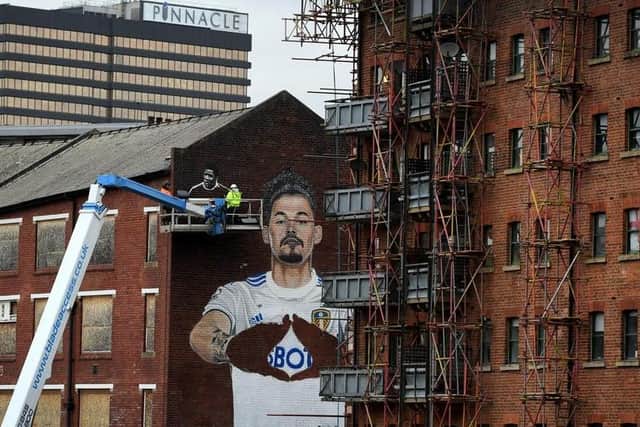 The Leeds United mural underway in Leeds city centre
