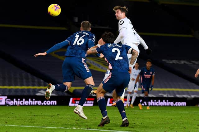SO CLOSE: Leeds United striker Patrick Bamford's header hits the post. Photo by Tony Johnson.