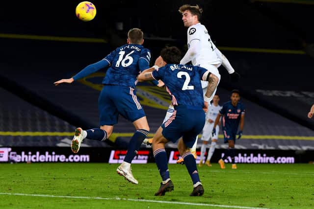 ANOTHER ONE - Patrick Bamford headed against the post for Leeds United as they tried to break down 10-man Arsenal at Elland Road. Pic: Tony Johnson