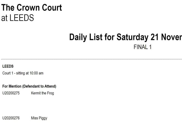 Some of the accidental test listings sent out for Leeds Crown Court