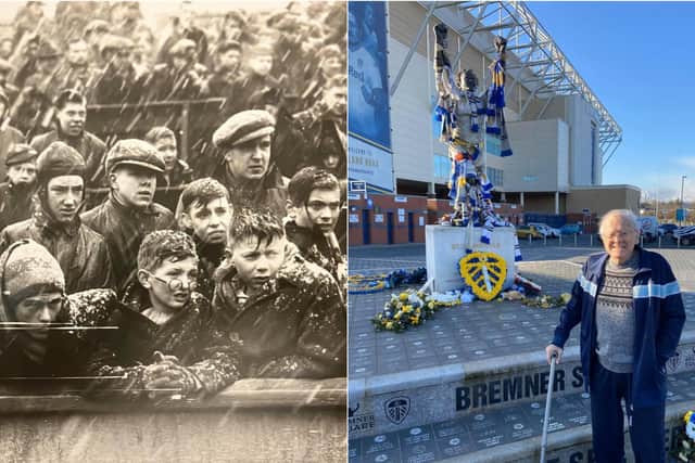 Bob Gamble pictured with his flat cap in 1951, and at Elland Road in March of this year.