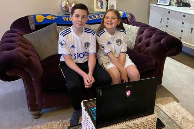 BIG MOMENT - Elliot Metcalfe and sister Verity preparing to Zoom the Leeds United team ahead of kick-off at Elland Road.