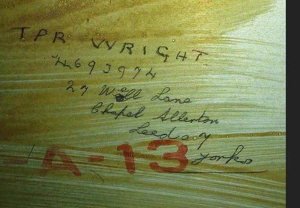 This message from Trooper Wright of Leeds was found while the aircraft was being restored.