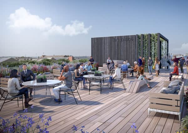 Roof terrace at The Place, Leeds' first net zero carbon commercial building developed by Citu.
