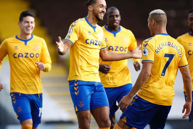 KEY TRIO: Everton's Premier League top scorer Dominic Calvert-Lewin celebrates netting in last weekend's success at Fulham with Richarlison, right, as James Rodriguez, left, runs in behind. Photo by John Sibley - Pool/Getty Images.