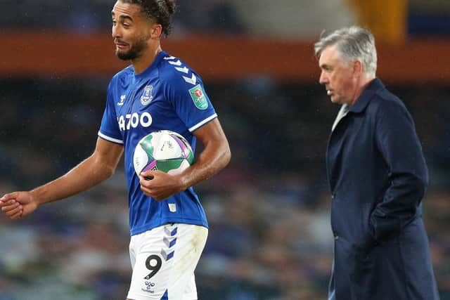 OBVIOUS THREAT: Everton striker Dominic Calvert-Lewin, the Premier League's top scorer with ten goals, pictured next to boss Carlo Ancelotti after his hat-trick in the Carabao Cup against West Ham. Photo by Peter Byrne - Pool/Getty Images.