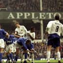 THRILLER: Former Leeds United centre-back Jonathan Woodgate heads the Whites in front for the first time in the epic 4-4 draw at Premier League hosts Everton of October 1999. Picture by Michael Steele/Allsport via Getty.