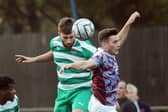 Farsley Celtic's Tom Allan, left, scored his side's first goal in their  2-1 victory at Gloucester City. Picture: Steve Riding.