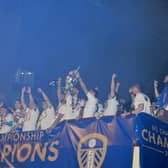 The Leeds United team celebrating promotion to the Premier League.