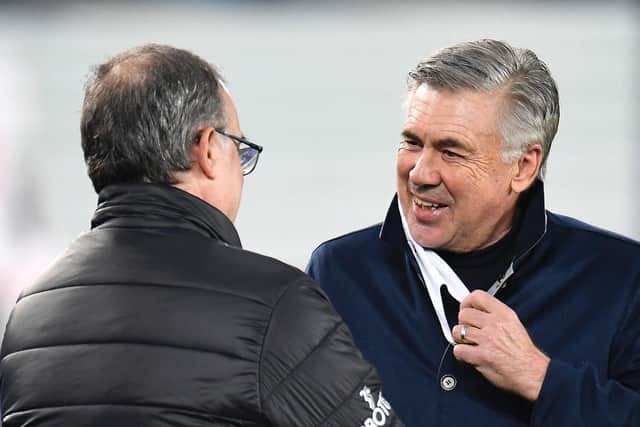 GOOD TO MEET YOU! Carlo Ancelotti greets Marcelo Bielsa at Goodison Park. Photo by Peter Powell - Pool/Getty Images.