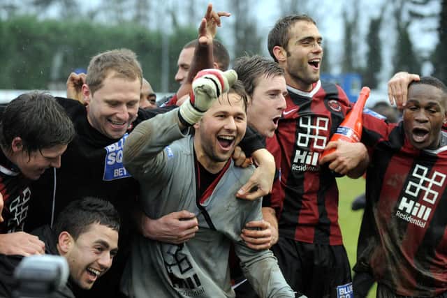Histon celebrate post-match following a famous FA Cup win over Leeds United. Pic: Jonathan Gawthorpe