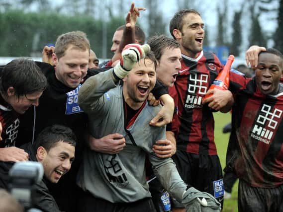 Histon celebrate post-match following a famous FA Cup win over Leeds United. Pic: Jonathan Gawthorpe