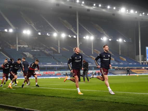 FLYING ALONG: Leeds United warm up prior to Saturday's clash at Everton, a game in which Marcelo Bielsa's Whites recorded their fourth victory of the Premier League season so far. Photo by Clive Brunskill/Getty Images.
