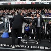 WE'LL MEET AGAIN: Leeds United head coach Marcelo Bielsa, left, and then Derby County boss Frank Lampard at Pride Park before the third of their four meetings in the 2018-19 Championship season. Picture by Tony Johnson.