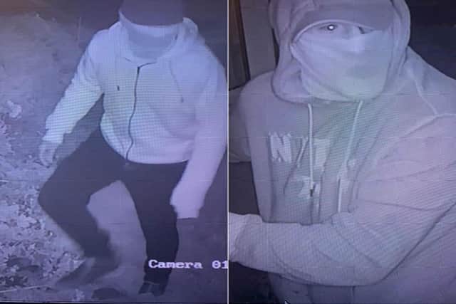 Two suspects, shown in the images, drove off in a blue Audi S3, registration M12CHN, after breaking a glass panel and stealing the keys from a house in Waterwood Close, Tingley.