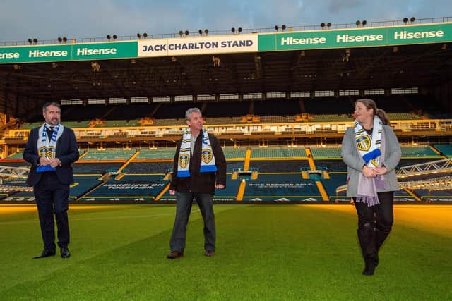 The East Stand at Elland Road has been renamed 'The Jack Charlton Stand'....
Pictured are Paul Bell ( executive director at Leeds United ) David and Emma Wilkinson, (Jack's son in law and granddaughter)


 Picture: Bruce Rollinson
27 November 2020.