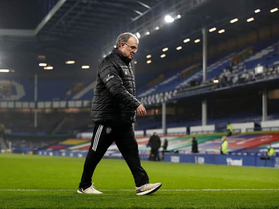 BACK ON HIS TRAVELS: Leeds United head coach Marcelo Bielsa leaves the Goodison Park pitch after Saturday's 1-0 win against Everton. A trip to Chelsea is next. Photo by Clive Brunskill/Getty Images.