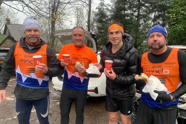 Leeds Rhinos' Kevin Sinfield with team colleagues after completing Day Two of their '7 in 7' Marathon Challenge for Rob Burrow and MND Association. (PHIL DALY/LEEDS RHINOS)